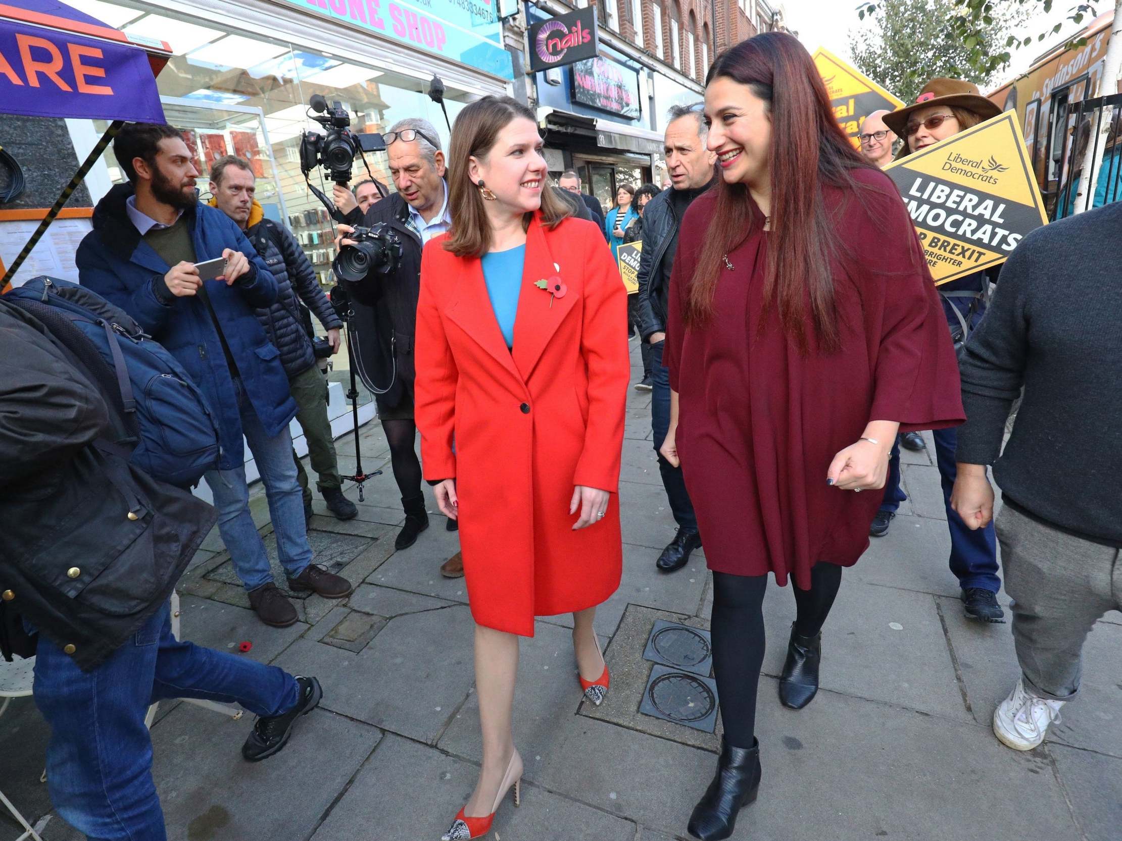 Jo Swinson on the campaign trail with Luciana Berger