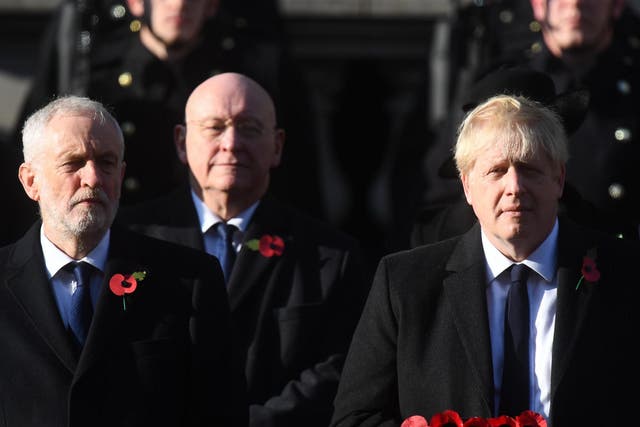 Jeremy Corbyn and Boris Johnson during the Remembrance Sunday service at the Cenotaph memorial in Whitehall, central London