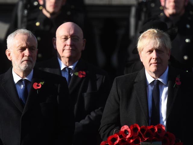 Jeremy Corbyn and Boris Johnson during the Remembrance Sunday service at the Cenotaph memorial in Whitehall, central London