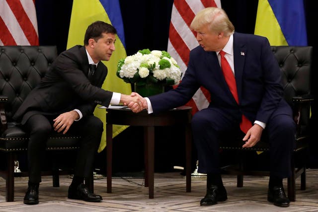 Volodymyr Zelensky, president of Ukraine, shakes hands with his US counterpart Donald Trump in New York