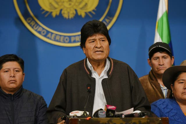 Bolivian president Evo Morales speaks from the the presidential hangar in El Alto, Bolivia, 10 November, 2019.
