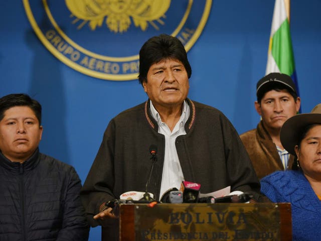 Bolivian president Evo Morales speaks from the the presidential hangar in El Alto, Bolivia, 10 November, 2019.