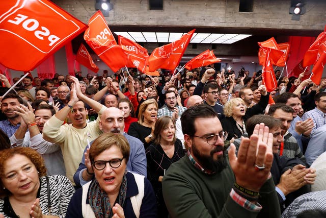 Supporters of Spain's acting prime minister and Socialist Party leader (PSOE) candidate Pedro Sanchez react to the results at party headquarters in Madrid