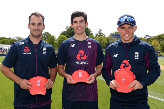 New caps Lewis Gregory, Pat Brown and Sam Curran are presented with their IT20 caps
