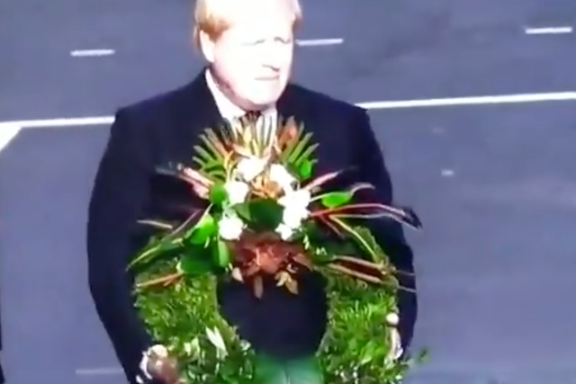 Boris Johnson laying a wreath at the Cenotaph in 2016. The footage was broadcast in place of BBC footage from Sunday, during which the prime minister laid a wreath upside down at the monument
