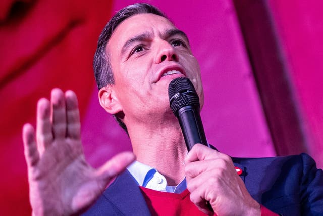 Spain's prime minister and Socialist Party leader Pedro Sanchez gives a speech in Madrid on election night