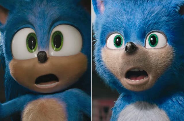 Before and after: The Sonic you’ll see in cinemas, left, and the horror glimpsed in the film’s first trailer, right (Pa