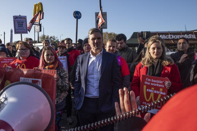 Shadow brexit secretary, Sir Keir Starmer, joins union members and several McDonalds workers as they protest outside a drive through restaurant