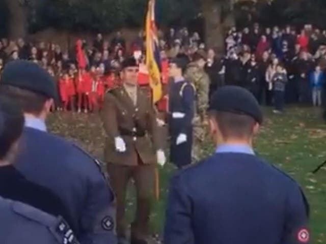 Brexit Party candidate Darren Selkus marches in military uniform at Remembrance Sunday parade