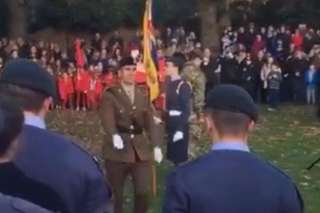 Brexit Party candidate Darren Selkus marches in military uniform at Remembrance Sunday parade