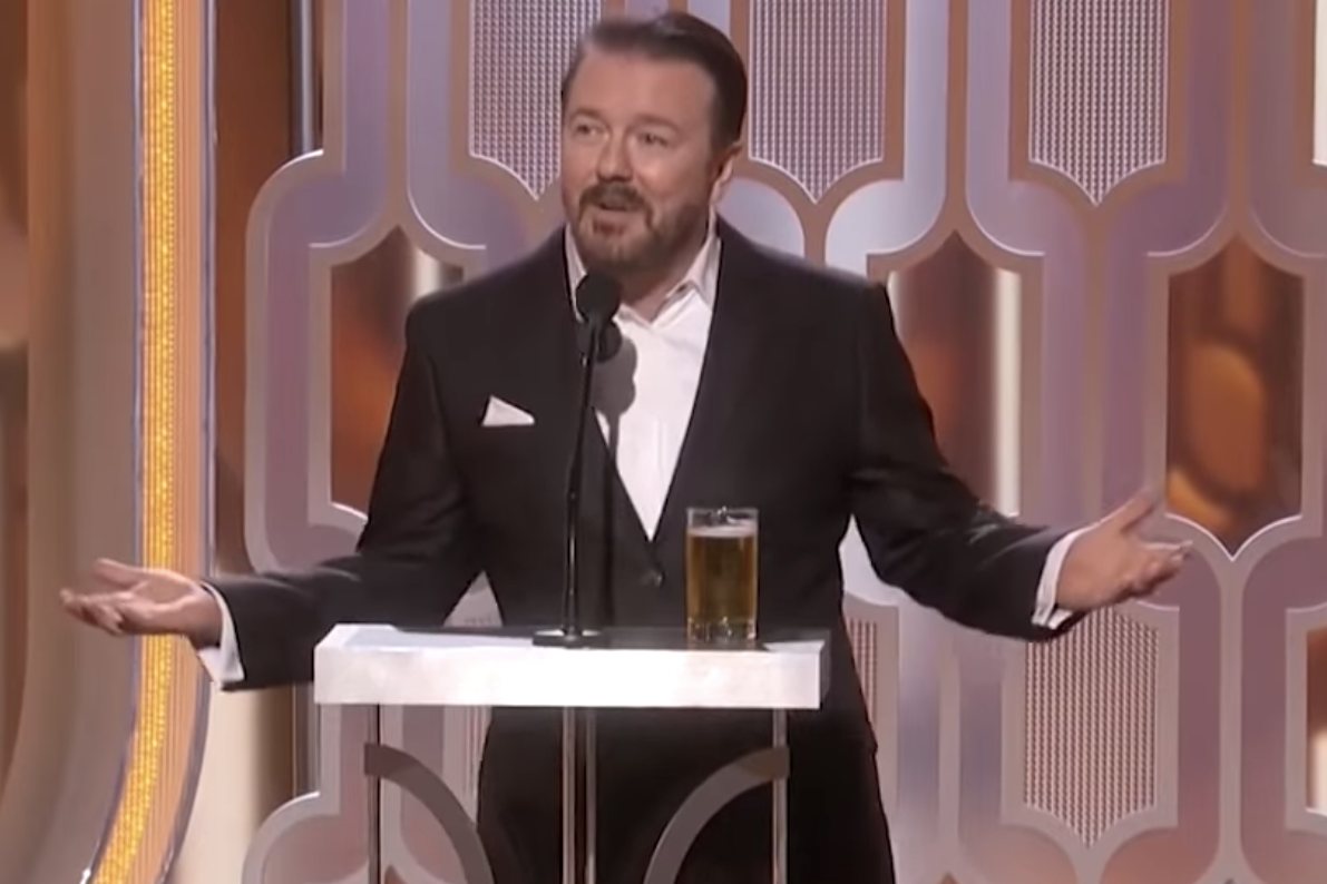 Ricky Gervais hosting the Golden Globes in 2016.
