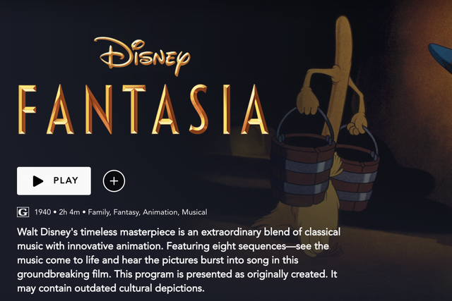 Fantasia is one of several movies that come with a warning about 'outdated cultural depictions' on Disney+.
