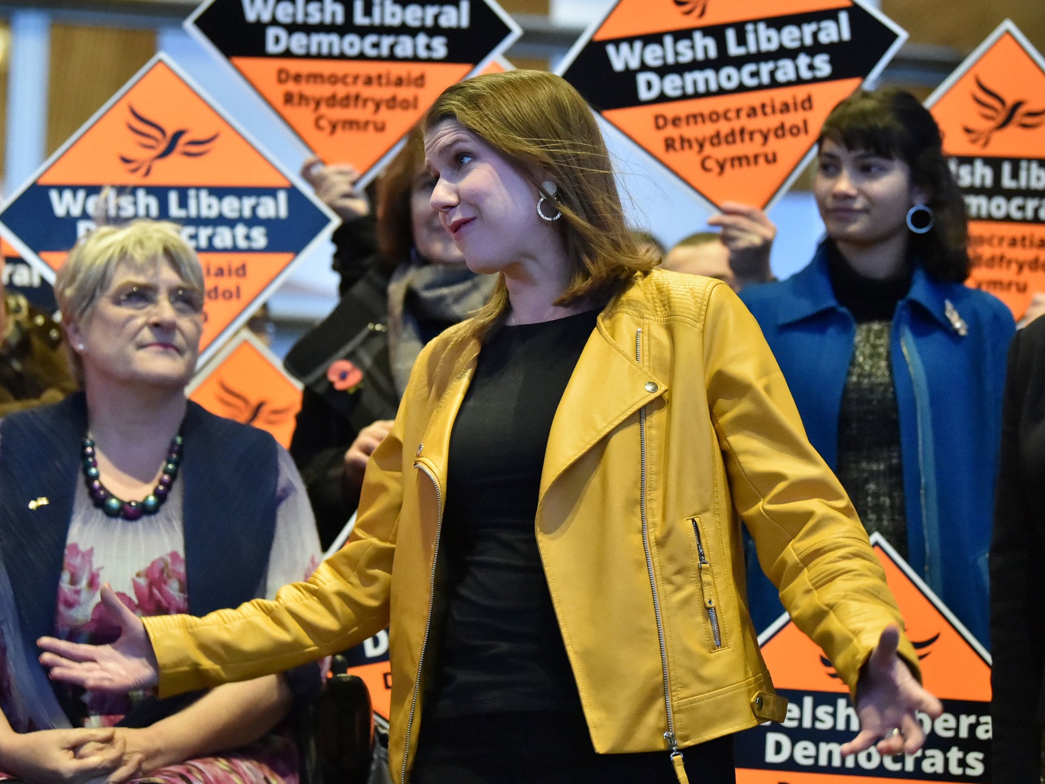 Jo Swinson speaks outside the Senedd, also known as the National Assembly building, in Cardiff.