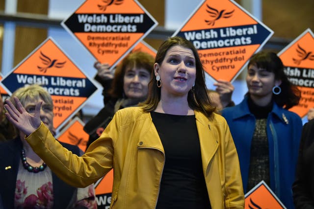Jo Swinson speaks outside the Senedd, also known as the National Assembly building, in Cardiff.