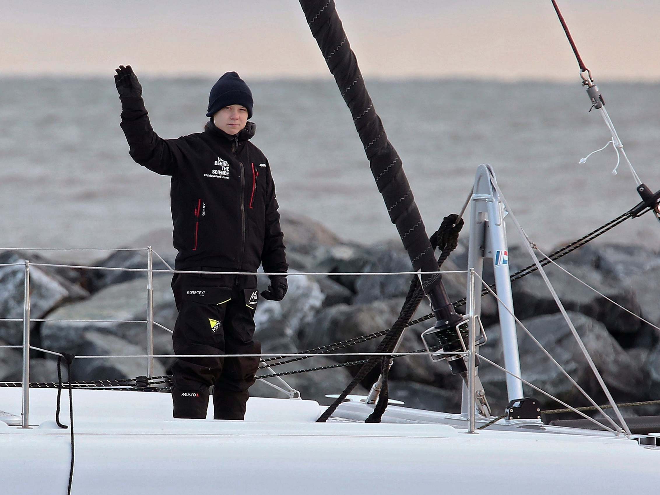 Thunberg waves from the 48-foot catamaran La Vagabonde on Wednesday