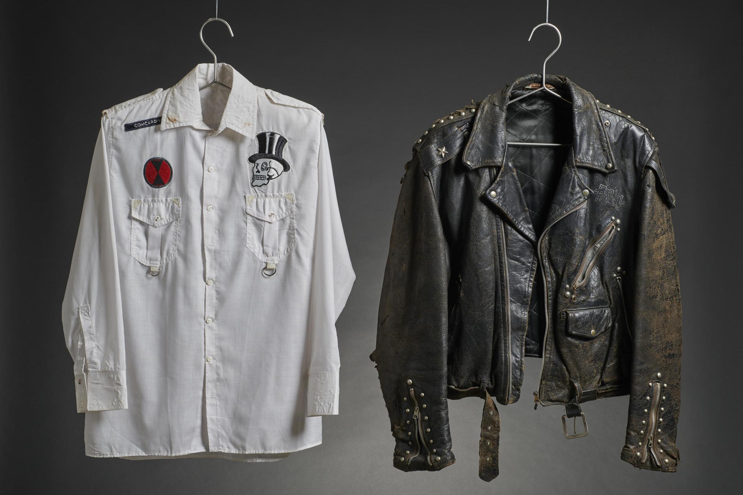 White shirt and leather jacket worn by The Clash, on display at the Museum of London
