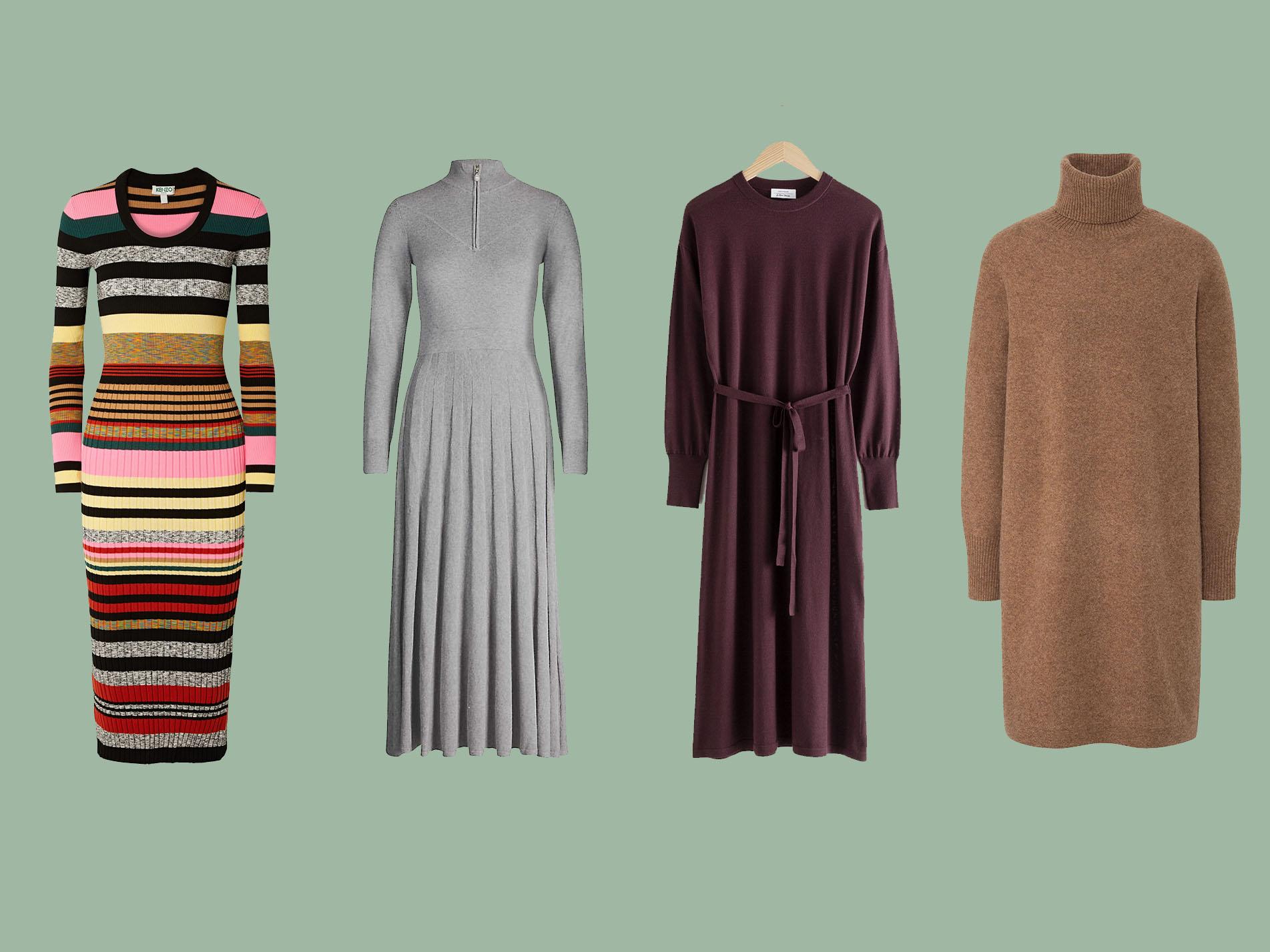 Kenzo, Striped Ribbed Knit Midi Dress, £415, Net-a-Porter; Claudie Pierlot, High-Neck Pleated Knitted Midi Dress, £280, Selfridges; Side Slit Knitted Midi dress, £85, &amp; Other Stories; 3D Knit Premium Lambswool Turtleneck Dress, £59.90, Uniqlo