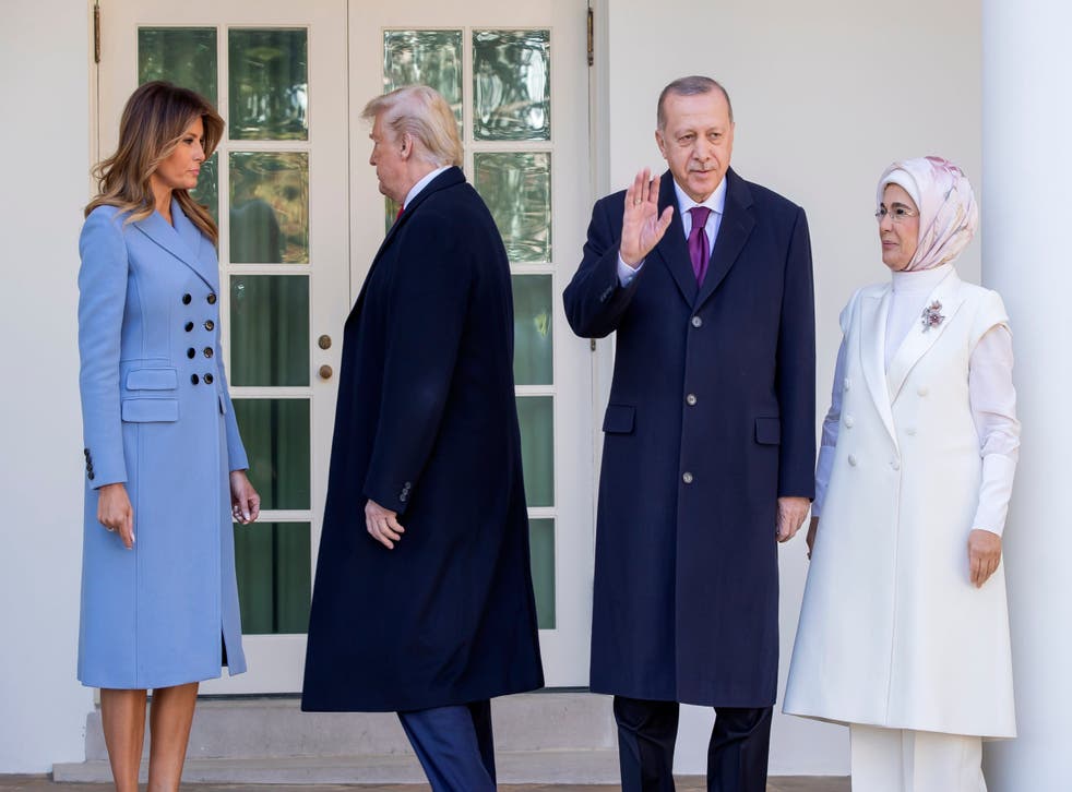Donald and Melania Trump welcome Turkish president Erdogan and his wife Emine Erdogan to the White House