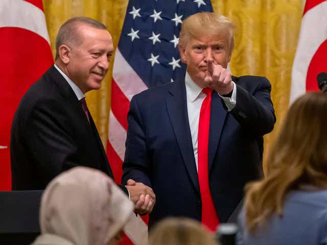 Donald Trump and Turkish president Recep Tayyip Erdogan at a joint press conference in the East Room of the White House in Washington, DC, on 13 November 2019
