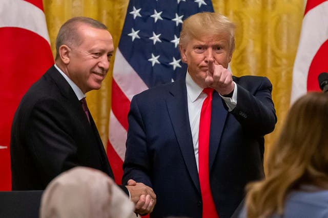 Donald Trump and Turkish president Recep Tayyip Erdogan at a joint press conference in the East Room of the White House in Washington, DC, on 13 November 2019