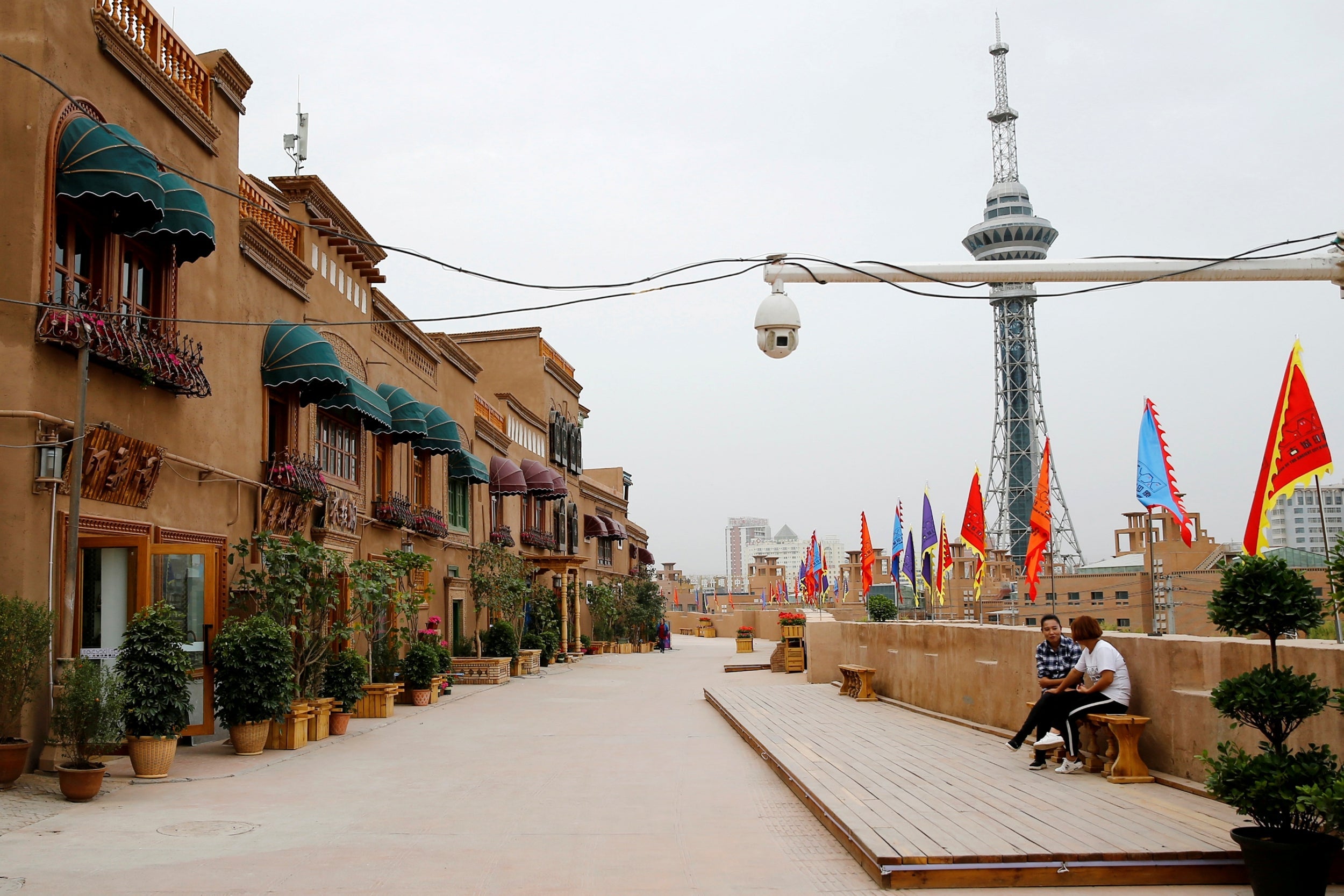 A security camera is placed in a renovated section of the Old City in Kashgar, Xinjiang