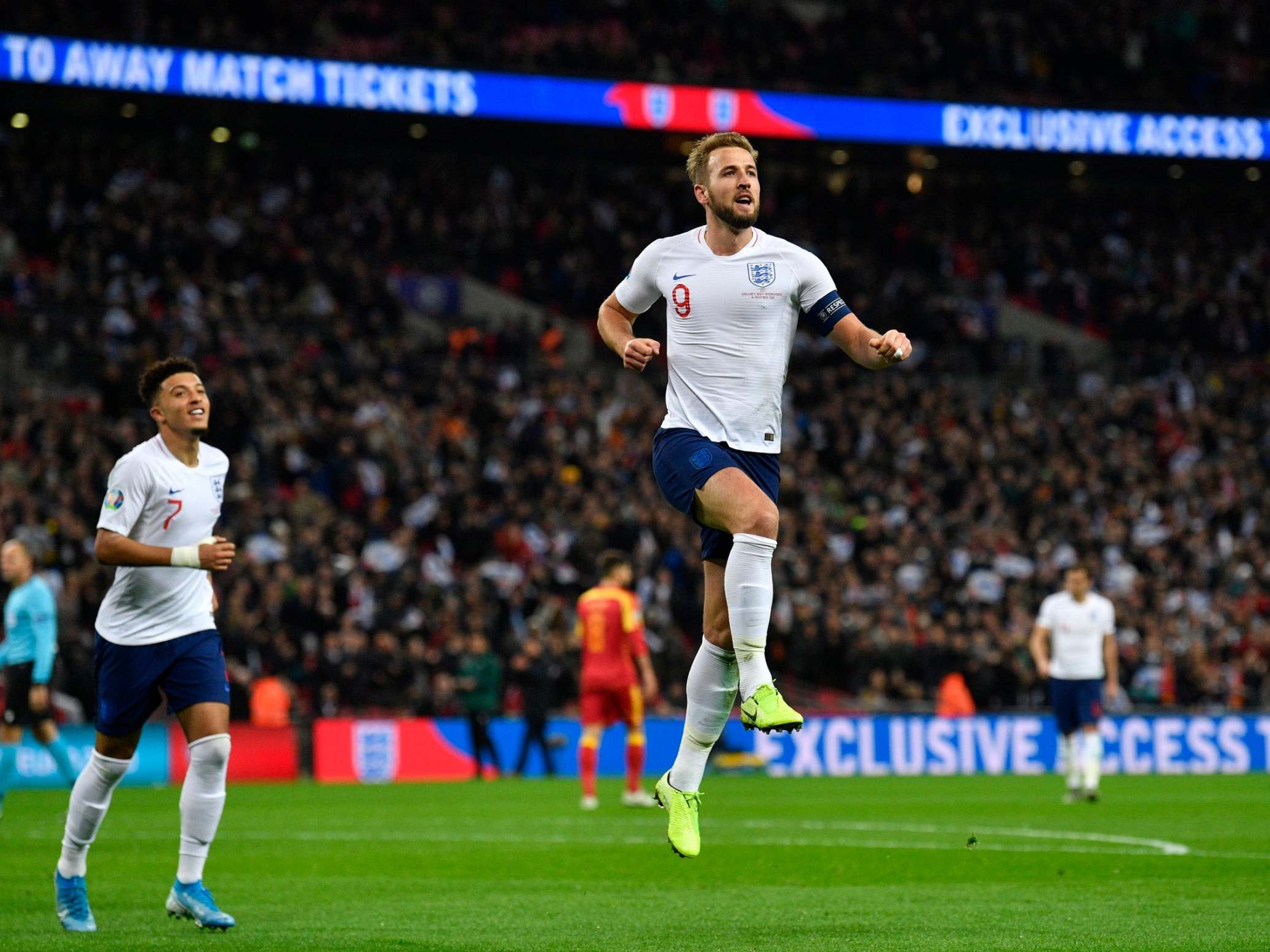 Harry Kane celebrates scoring for England