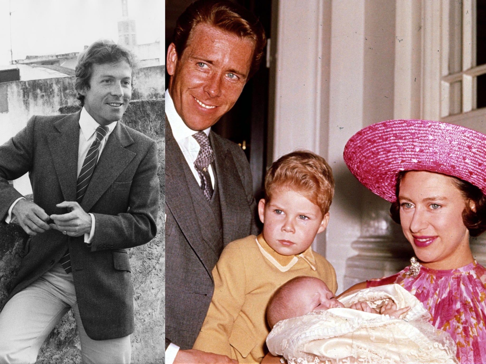 Roddy Llewellyn in Tangier, Morocco, 14 May 1978, and Antony Armstrong-Jones, David Armstrong-Jones and Princes Margaret holding Lady Sarah Armstrong-Jones, 1964