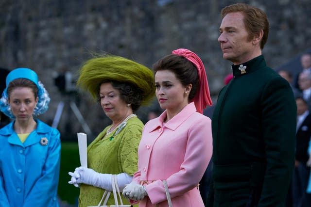 Erin Doherty as the Princess Royal, Marion Bailey as Queen Elizabeth the Queen Mother, Helena Bonham Carter as Princess Margaret and Ben Daniels as Lord Snowdon in The Crown