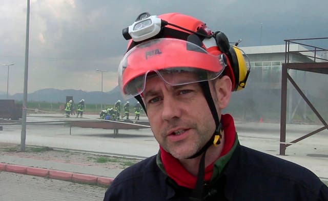 James Le Mesurier, founder and director of Mayday Rescue, talks to the media during training exercises in southern Turkey, in 2015