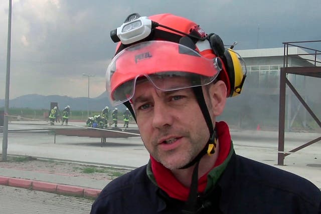 James Le Mesurier, founder and director of Mayday Rescue, talks to the media during training exercises in southern Turkey, in 2015