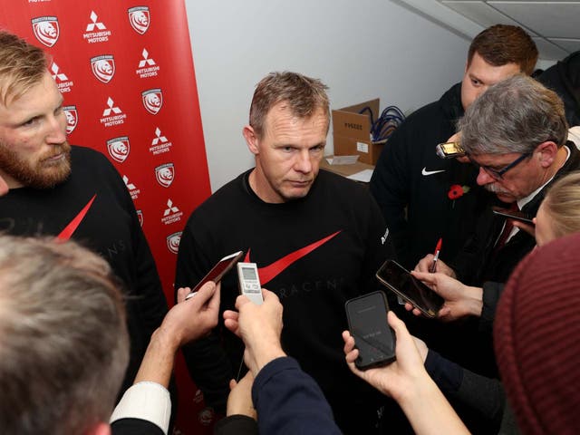 Mark McCall, Saracens’ director of rugby, fields questions from the media