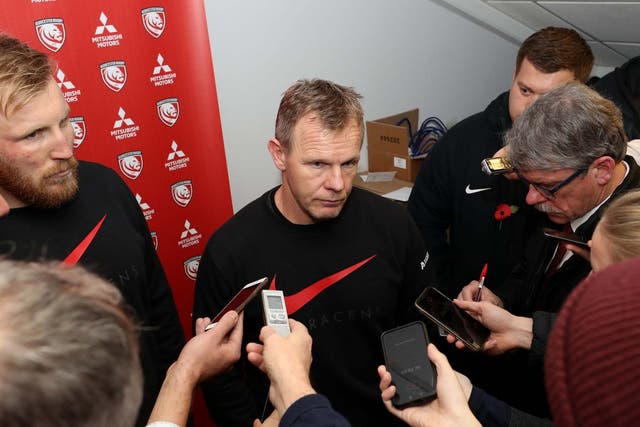 Mark McCall, Saracens’ director of rugby, fields questions from the media