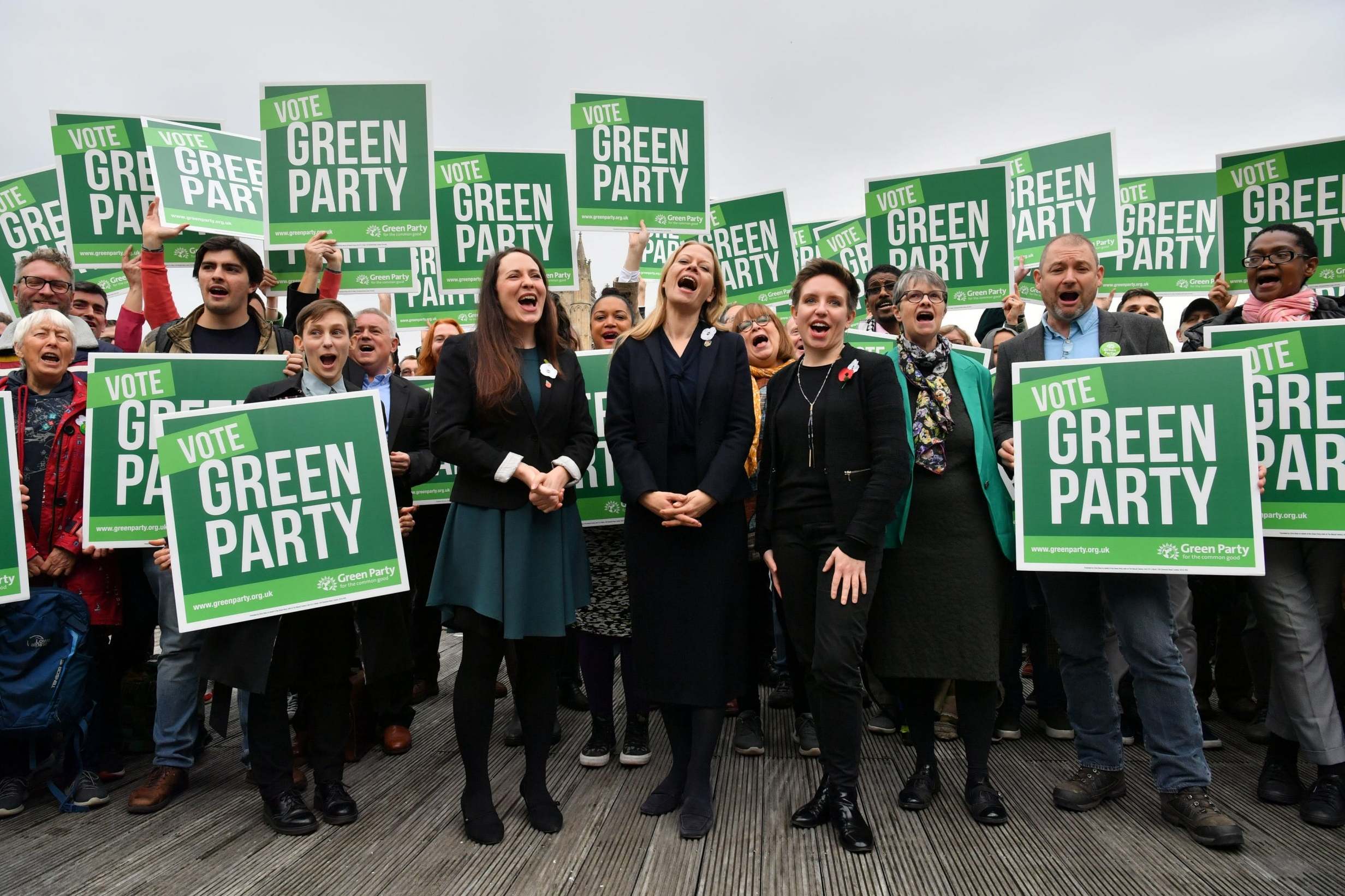 Manifesto launch: Green Party co-leader Sian Berry (centre); Amelia Womack (left), deputy leader and candidate for Newport West; (right) Bristol West Candidate Carla Denyer