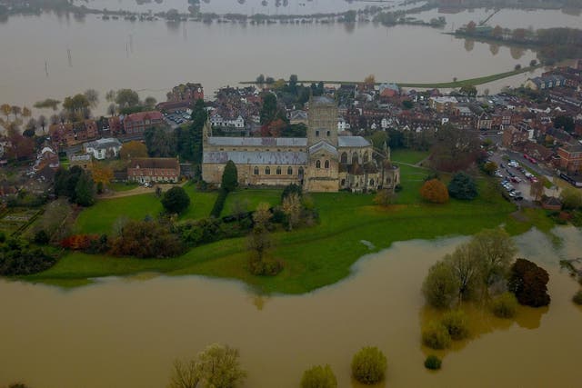 Aerial view of the market town of Tewkesbury in Gloucestershire