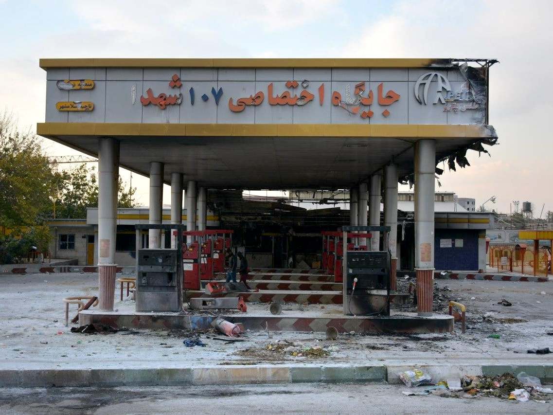 A gas station that was set ablaze by protesters in Eslamshahr, near the Iranian capital of Tehran