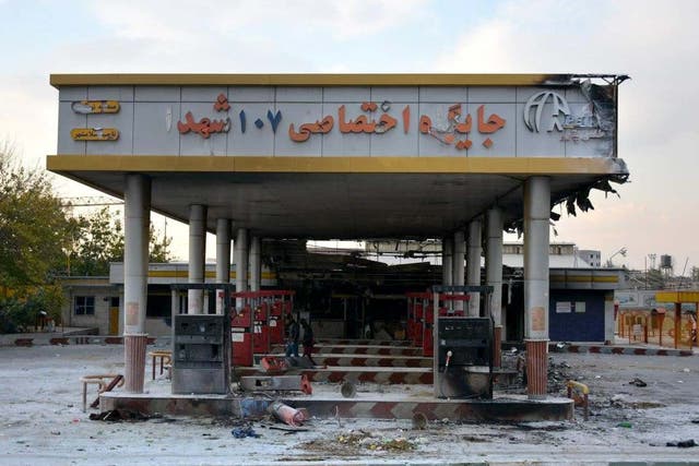 A gas station that was set ablaze by protesters in Eslamshahr, near the Iranian capital of Tehran