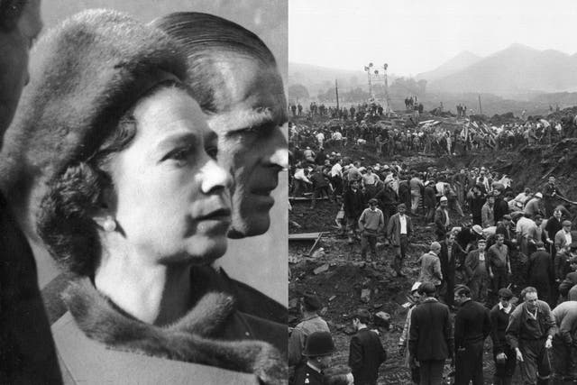 Queen Elizabeth II and Prince Philip visit Aberfan on 29 October 1966 / Helpers in the wreckage of the Aberfan disaster on 24 October 1966