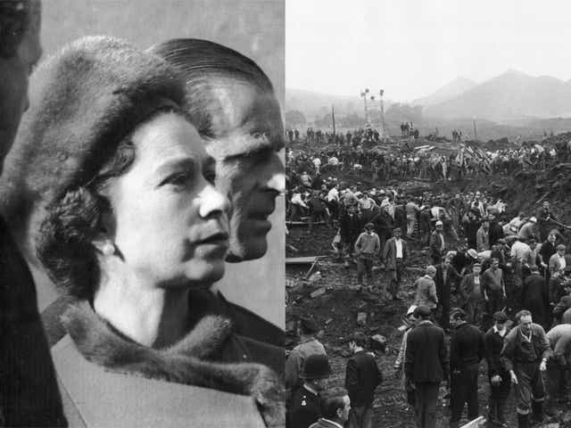 Queen Elizabeth II and Prince Philip visit Aberfan on 29 October 1966 / Helpers in the wreckage of the Aberfan disaster on 24 October 1966