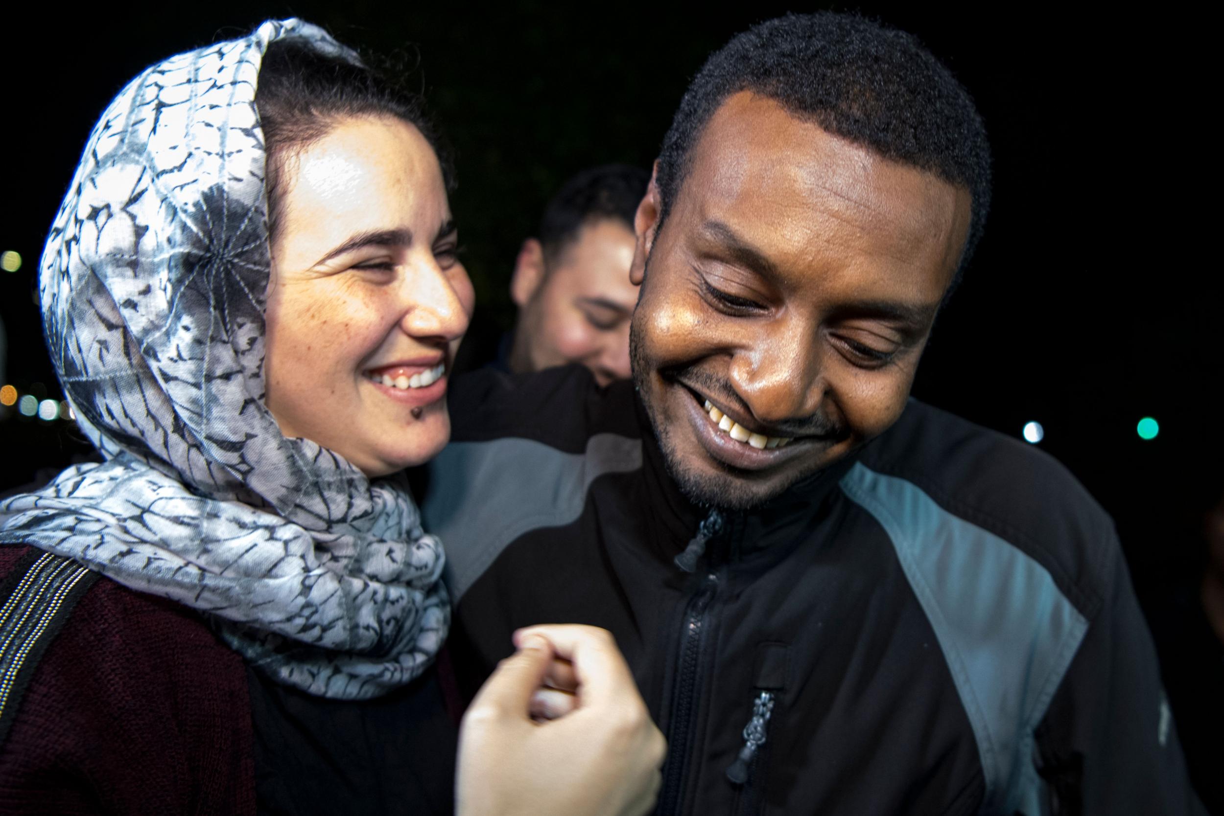 Hajar Raissouni is greeted by her boyfriend Rifaat Al-Amin?upon leaving prison