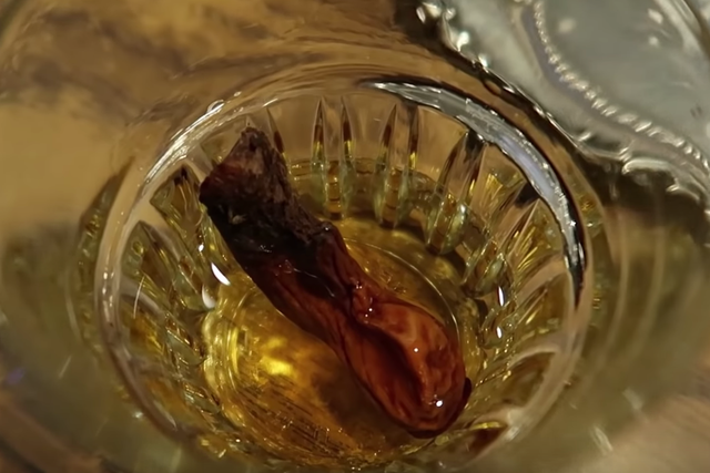 A mummified amputated toe bobs in a shot of whisky