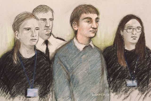 Court artist sketch of Alexander Lewis-Ranwell appearing at Exeter Crown Court where he pleaded not guilty over the deaths of three pensioners on 10 February this year.