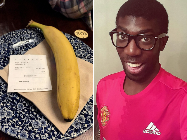 Mark D'arcy-Smith, 24, who had a banana sent to his table by an anonymous customer at a Wetherspoon's pub in Bromley, southeast London, on 8 November.