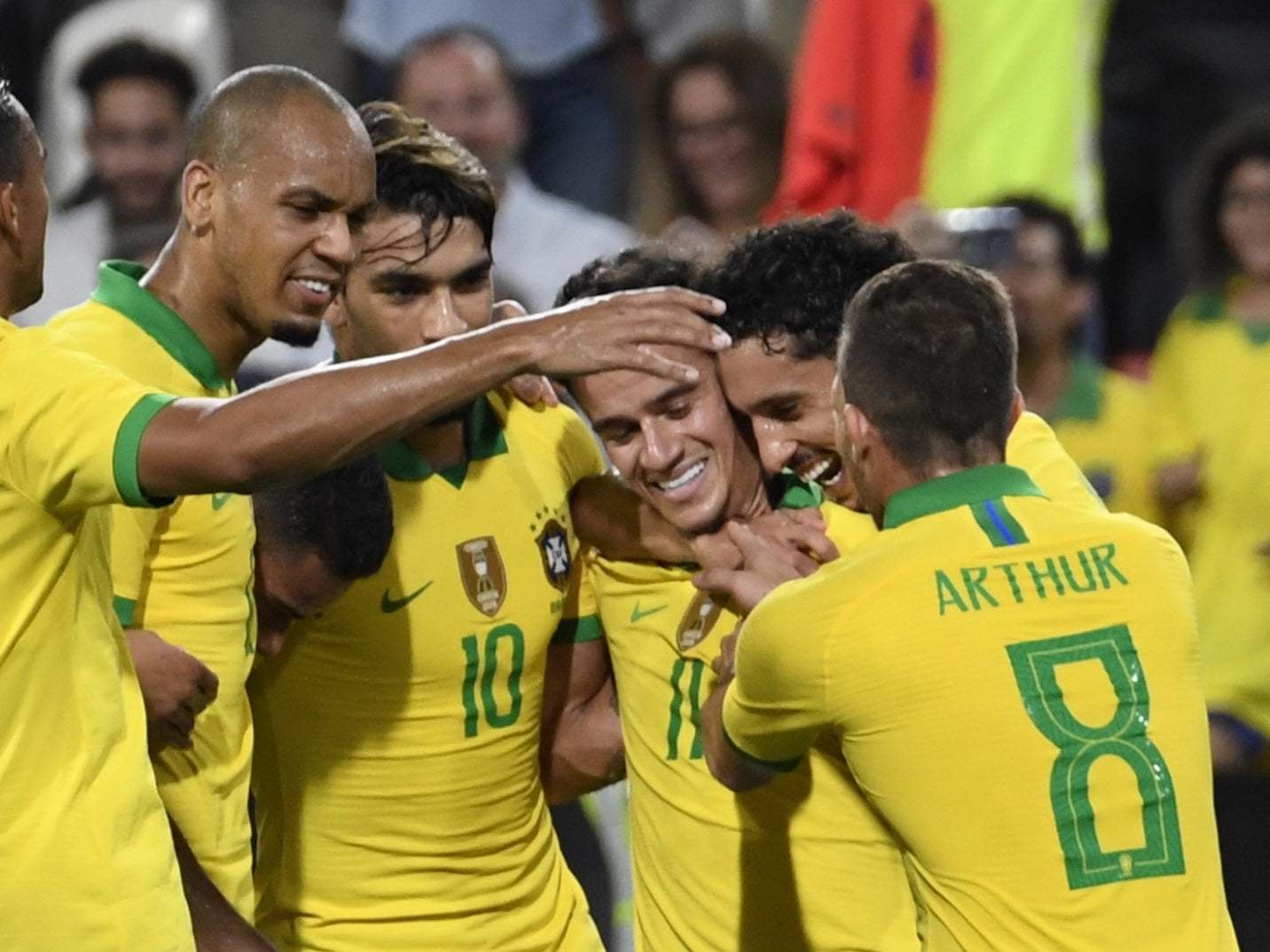 Brazil celebrate after Philippe Coutinho scores in Abu Dhabi