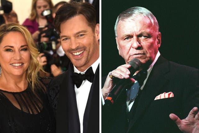 Jill Goodacre and Harry Connick Jr at an event in 2018, and Frank Sinatra performing in 1992