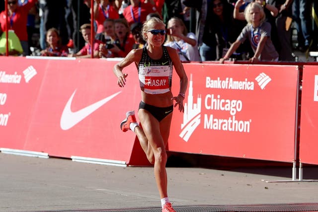 Jordan Hasay crosses the line in the 2017 Chicago Marathon