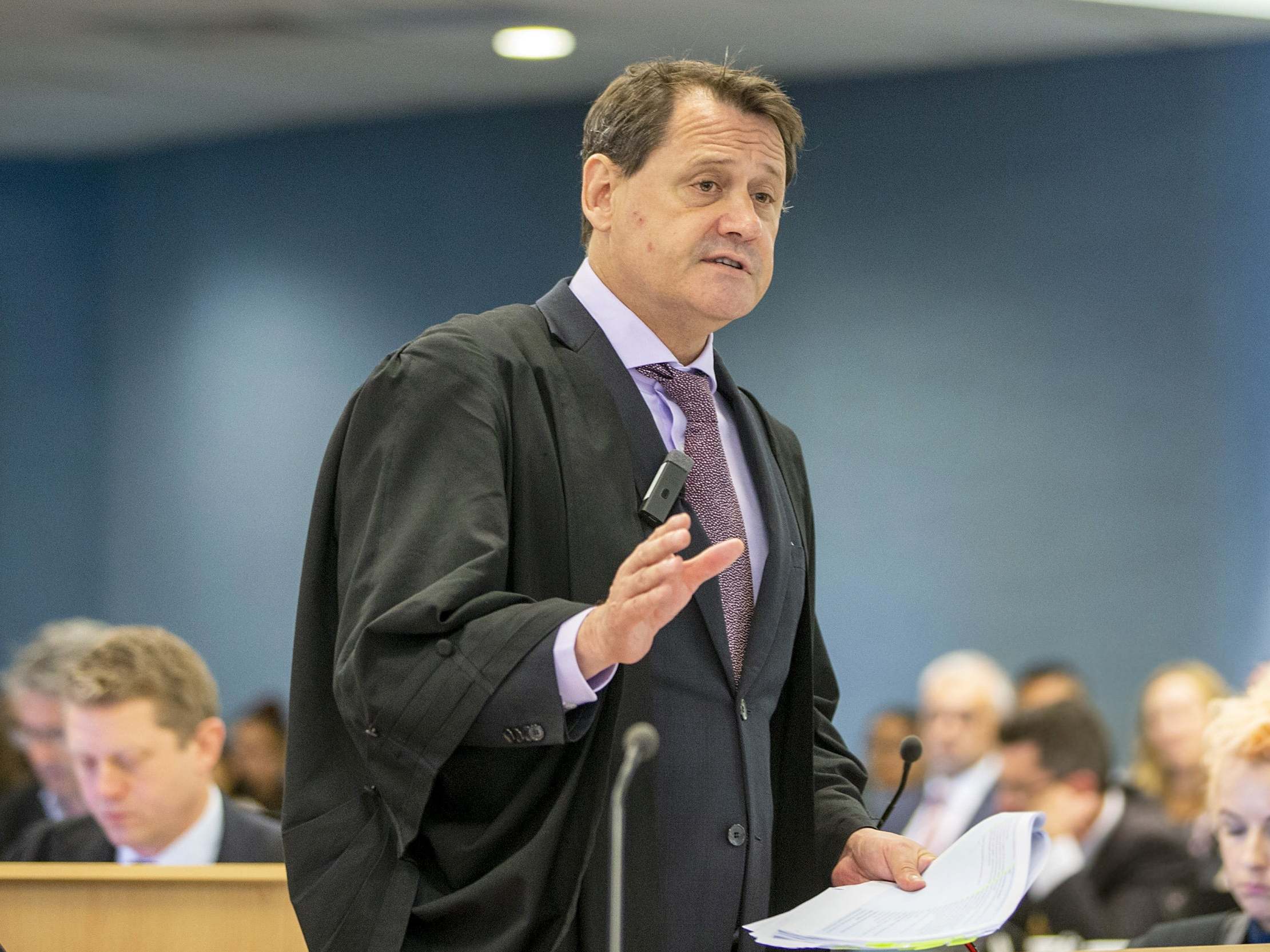 Crown prosecutor Brian Dickey presents his closing arguments in the murder trial of British backpacker Grace Millane at Auckland High Court in New Zealand on 21 November (Getty)