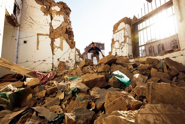 Debris of building allegedly targeted by Saudi-led airstrike in Sana'a, Yemen