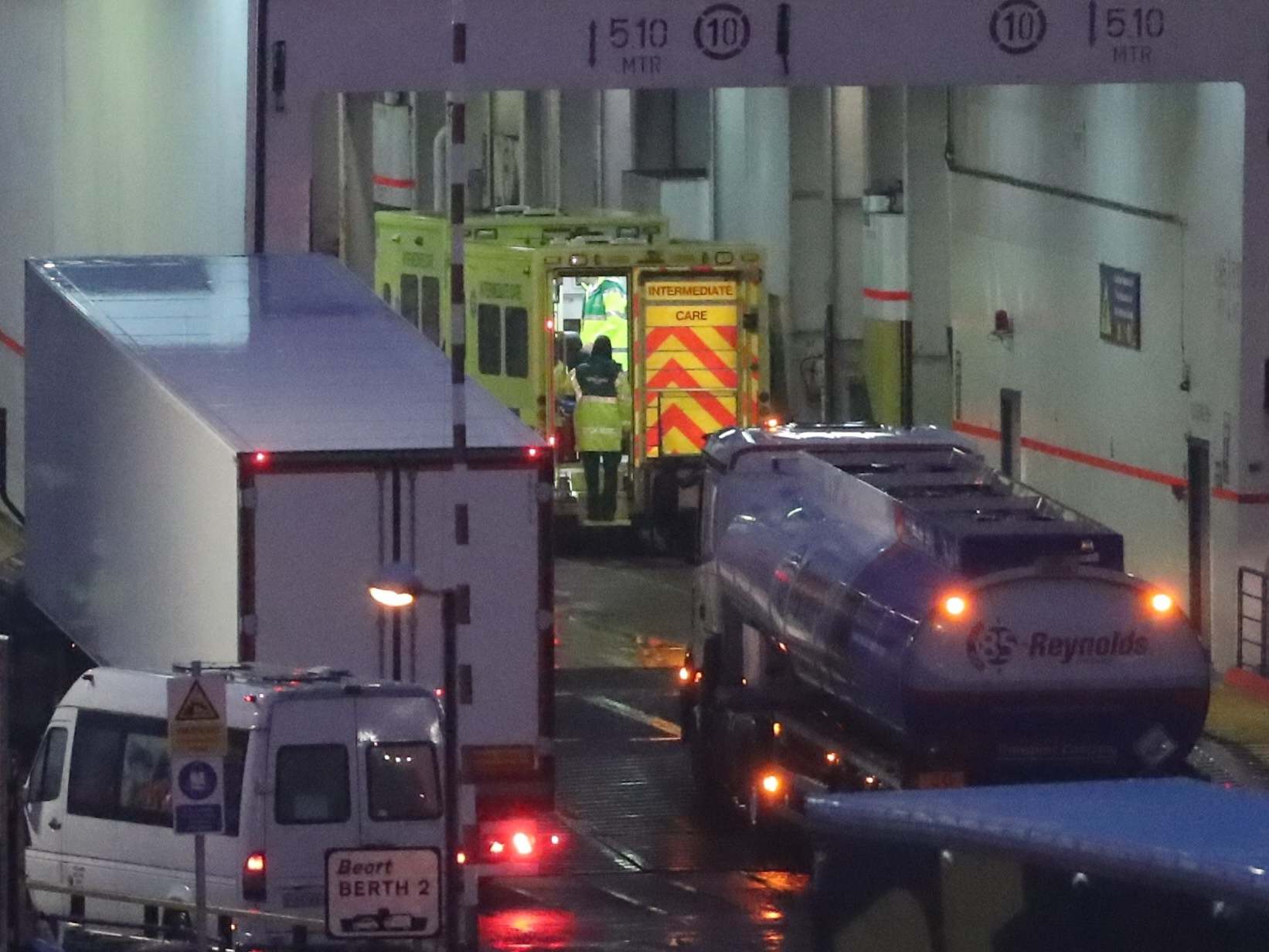 Emergency personnel at Rosslare Europort in Co Wexford, board the Stena Line ferry after 16 people were discovered in a sealed trailer on the ship sailing from France