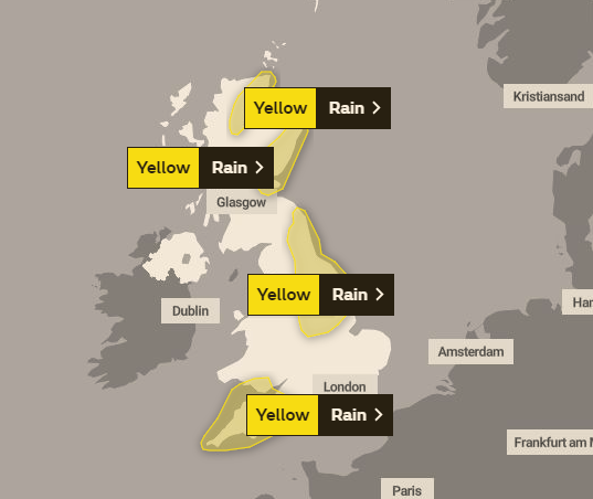 There will be two yellow weather warnings for England and two yellow warnings for Scotland by Saturday