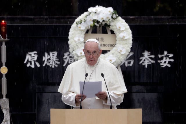 Pope Francis delivers a speech at the Atomic Bomb Hypocenter Park in Nagasaki